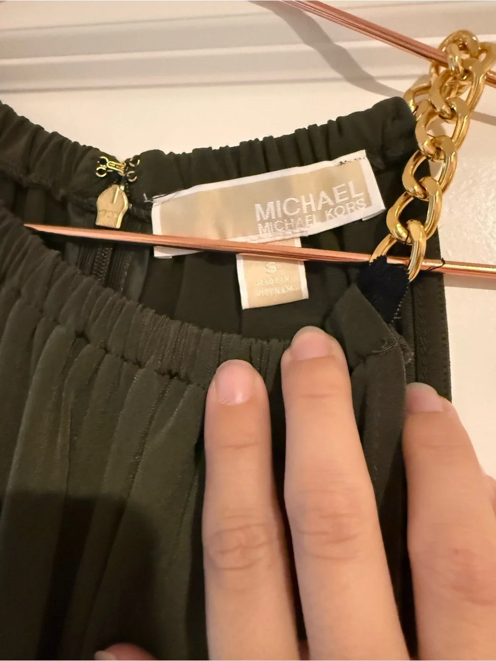 Michael Kors Olive Green Sleeveless Midi with Gathered High Neck